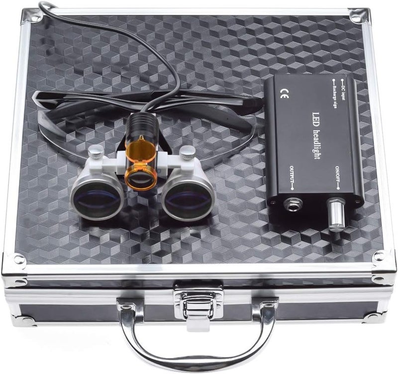 EustomA 3.5X Binocular Loupes+5W LED Headlight Clip-on Type with Optics Filter with Aluminum Box DY-008 (Black) - Image 1